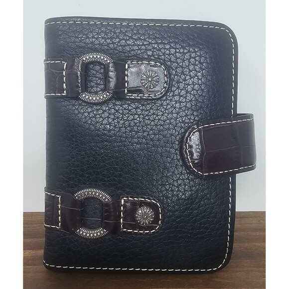 Brighton Bifold Black Brown Pebbled Leather Wallet Kisslock Coin Snap Closure - Picture 1 of 16
